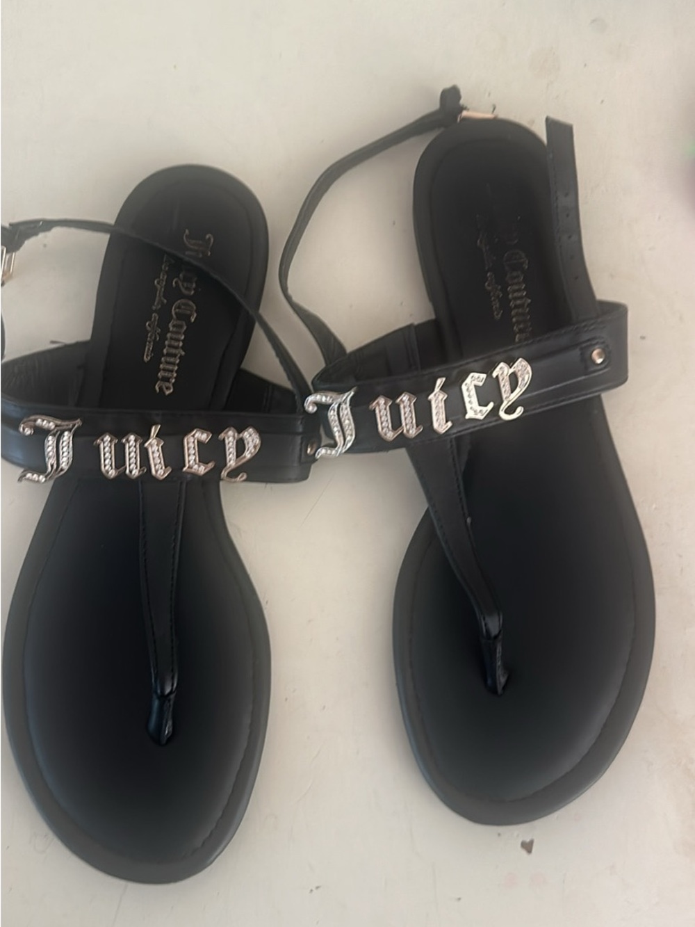 Juicy Couture Black Sandals with Silver 'Juicy' Logo